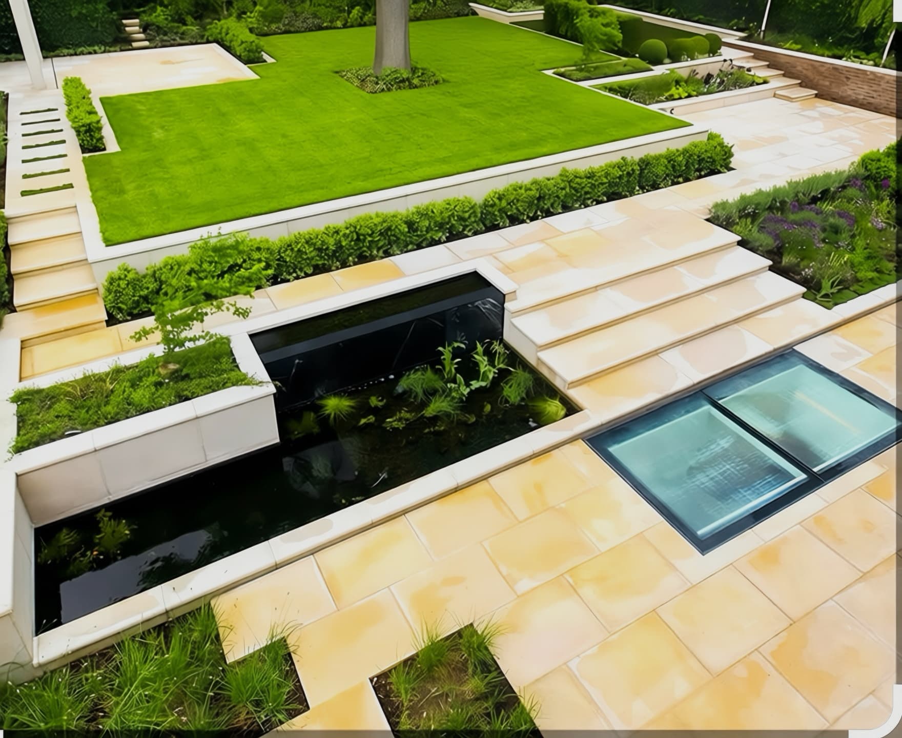 Landscaped rear garden with sunken water feature, artificial lawn and glass rooflight